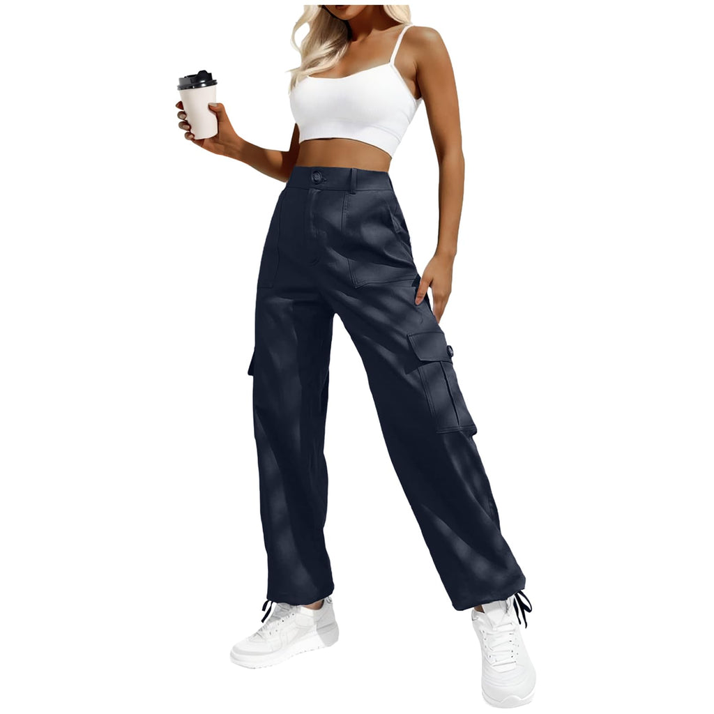 Women's High-Waisted Cargo Pants â€?Y2K Streetwear Baggy with 6 Pockets & Drawstring Cuffs
