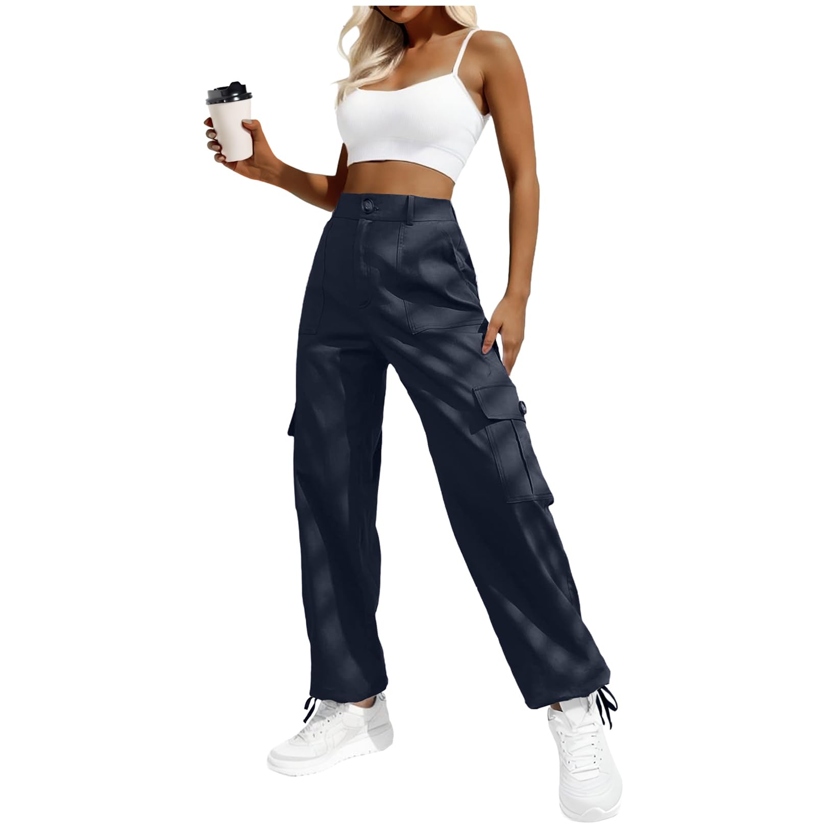 Women's High-Waisted Cargo Pants â€?Y2K Streetwear Baggy with 6 Pockets & Drawstring Cuffs