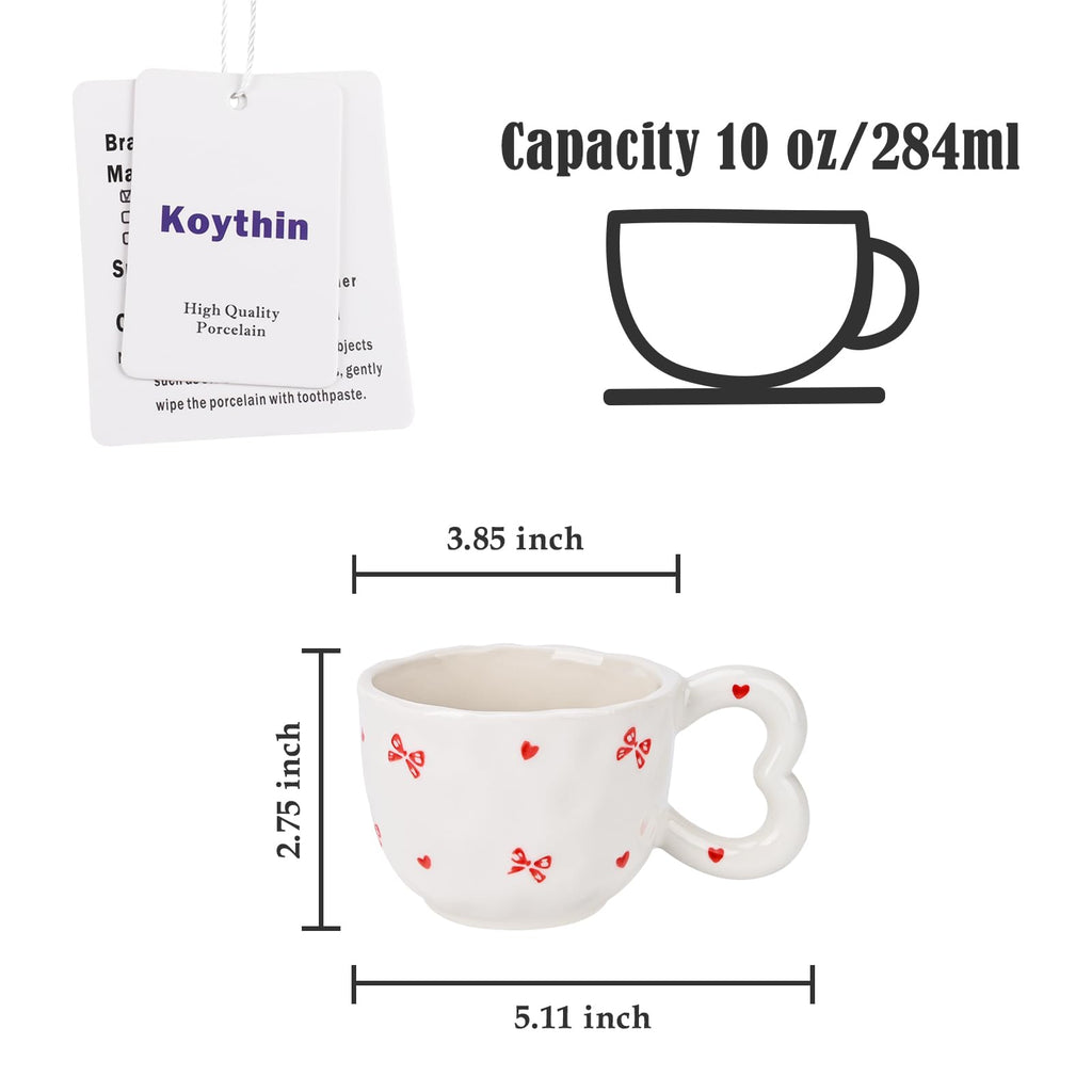 Ribbon Bow Ceramic Mug, Cute Creative Heart Handle Mug Design, 10.5 oz/300 ml