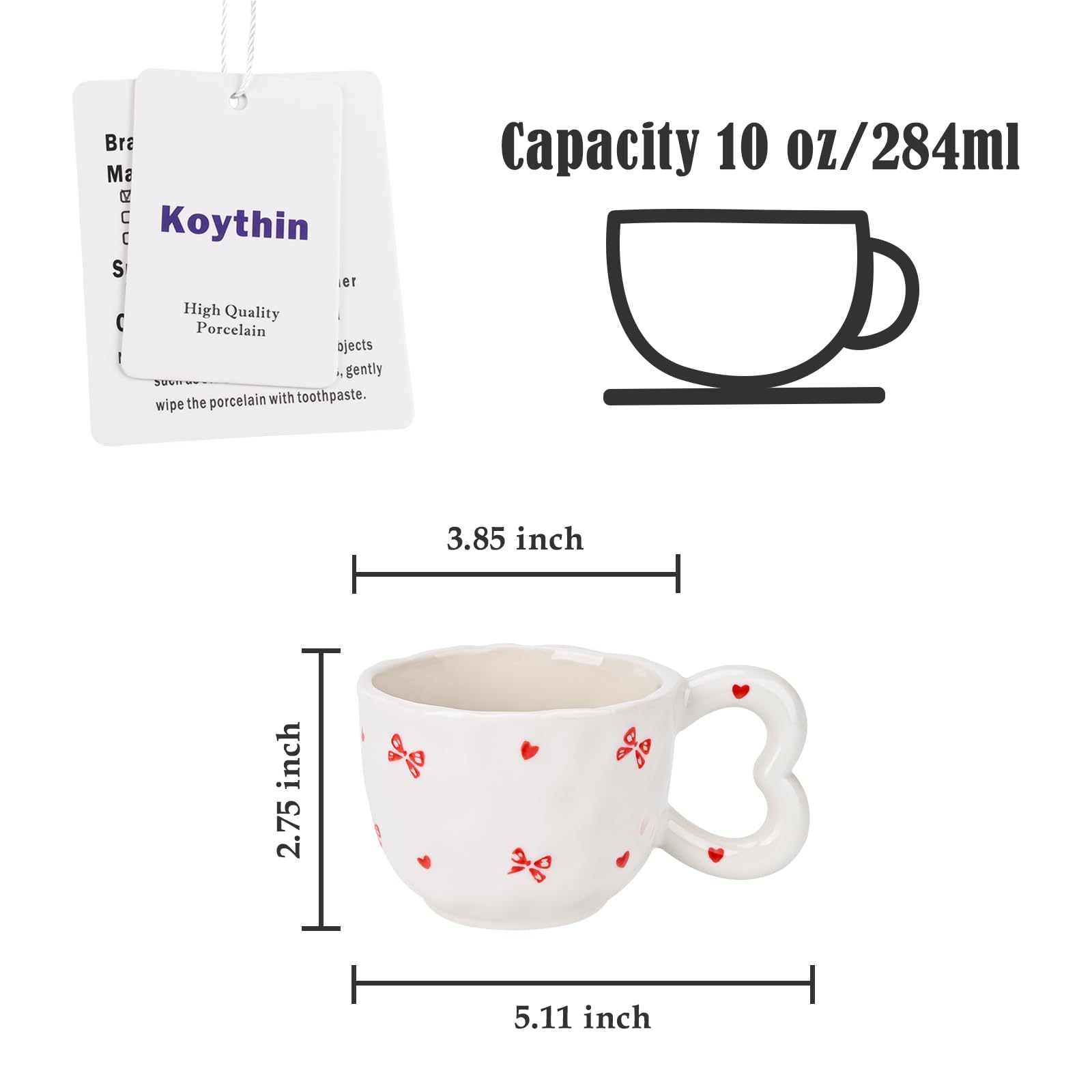 Ribbon Bow Ceramic Mug, Cute Creative Heart Handle Mug Design, 10.5 oz/300 ml