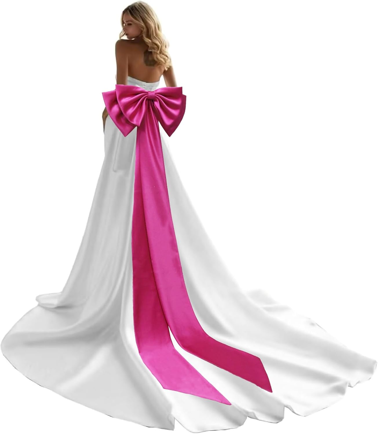 Detachable Big Bow Long Train Satin Bowknot Sweep Train Waist Sash Belt Bowknot for Wedding Formal Dress