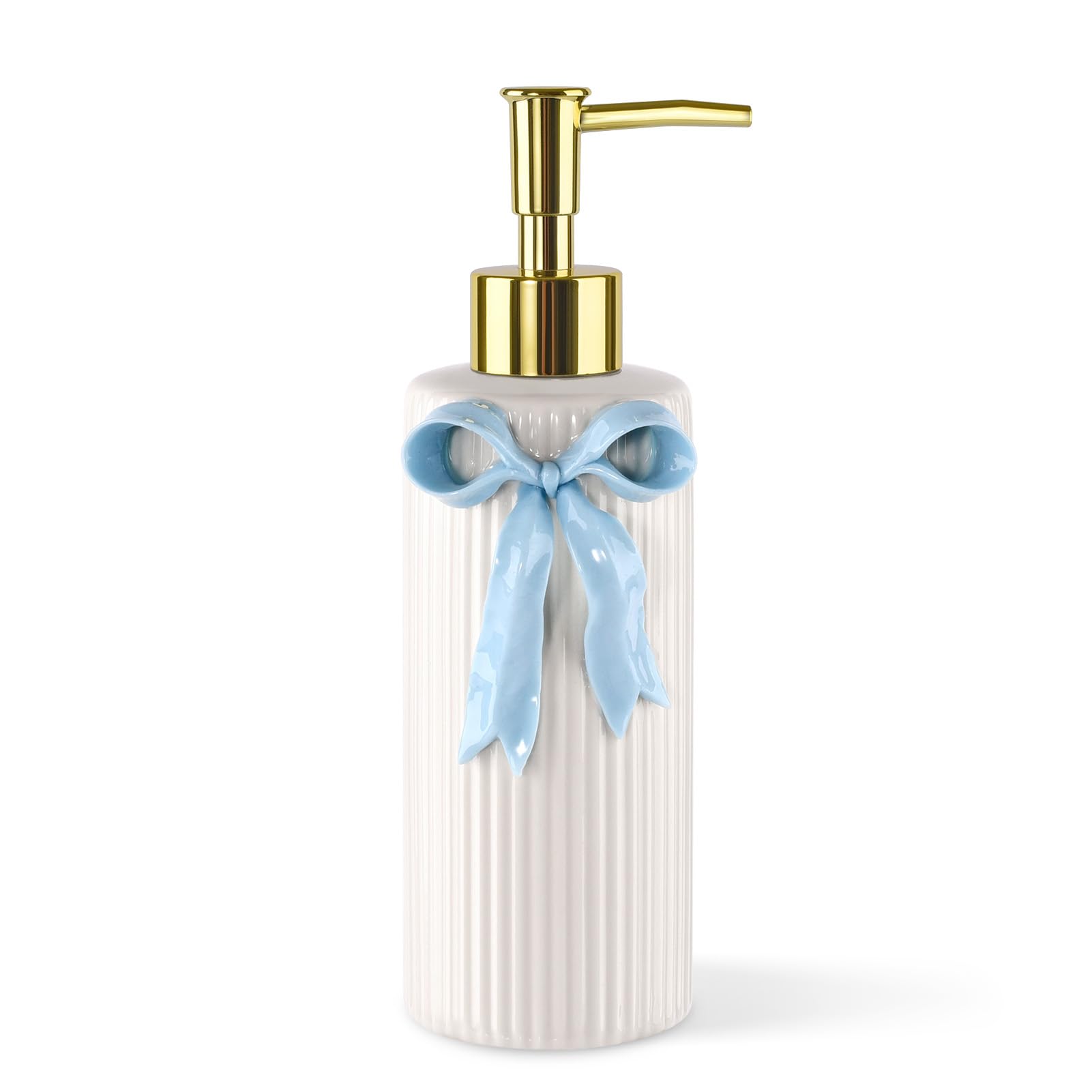 Handmade Ceramic Bow Soap Pump Dispenser Hand Lotion Liquid Dispenser Refillable for Kitchen and Bathroom Decorative