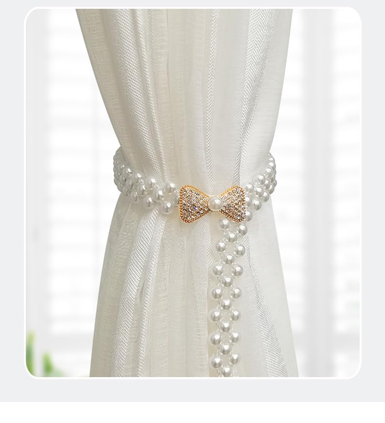 Pearl Bow Curtain Tiebacks, 2 Pack Curtain Ties Elegant Decorative Tie Backs Modern Pearl Tiebacks for Drapes Window Curtain Holdbacks for Draperies Accessories
