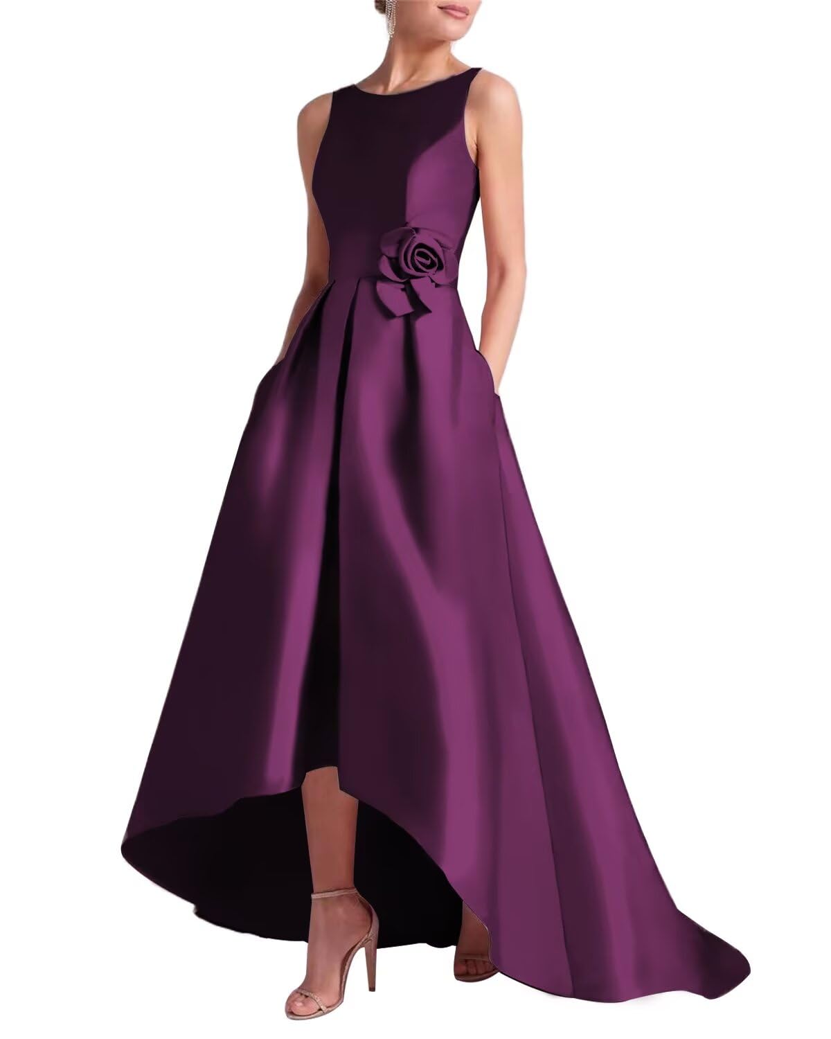 Women's 3D Flower Satin Mother of The Bride Dresses Hi-Low Formal Evening Party Gown