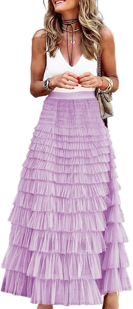 Long Tulle Skirt for Women Trendy High Waisted A Line Fluffy Fairy Mesh Layered Ruffle Skirt