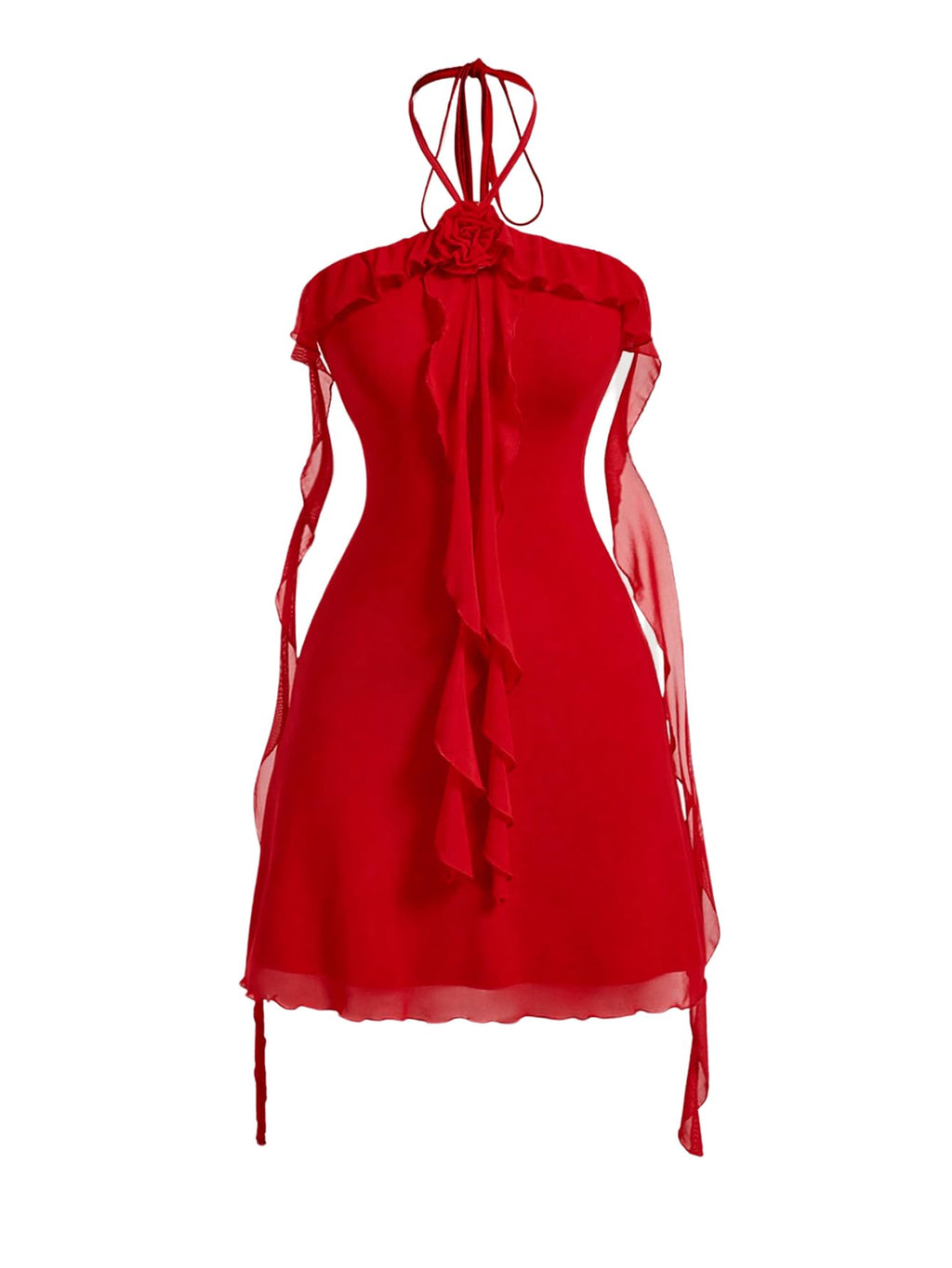 Women's Floral Mesh Halter Bodycon Mini Dress Ruffle Tassel Open Back Tube Dress