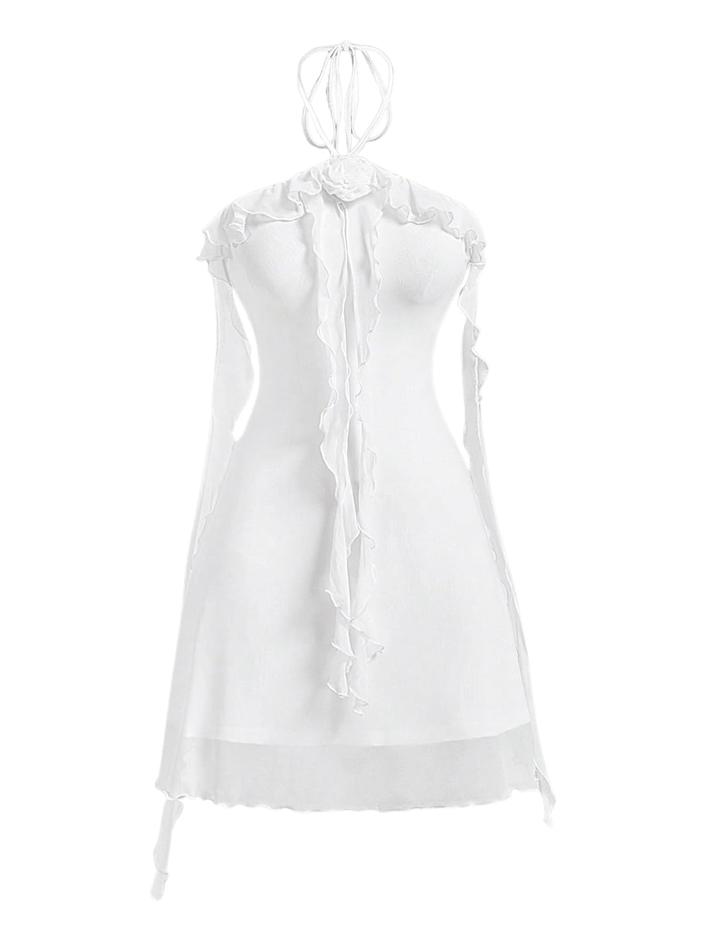 Women's Floral Mesh Halter Bodycon Mini Dress Ruffle Tassel Open Back Tube Dress