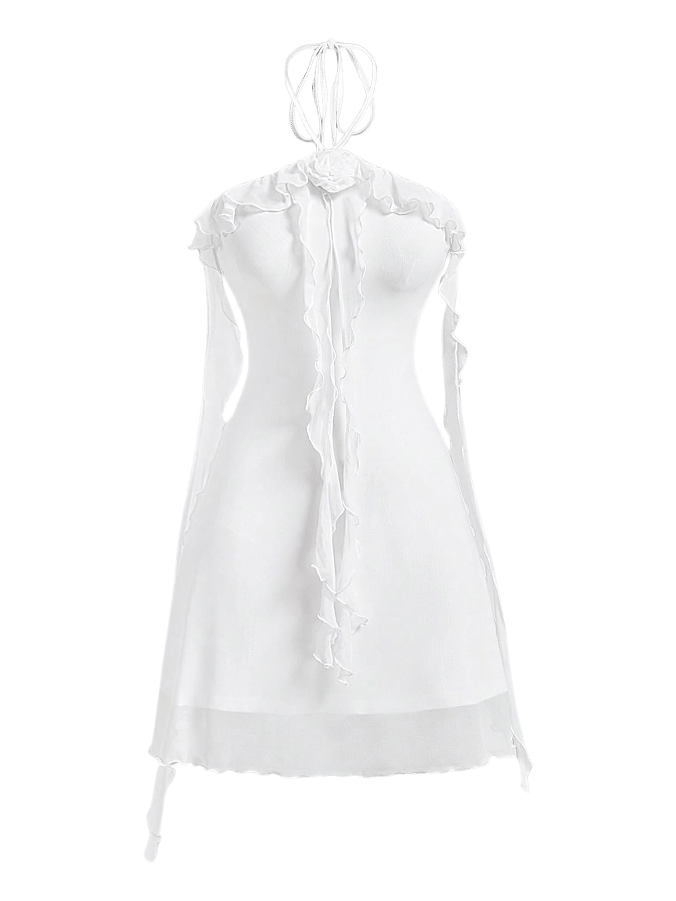 Women's Floral Mesh Halter Bodycon Mini Dress Ruffle Tassel Open Back Tube Dress