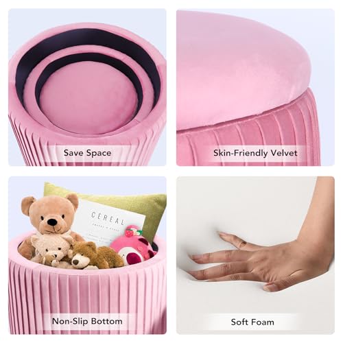 Set of 3 Velvet Round Storage Ottomans â€?Modern Upholstered Vanity Stool & Foot Rest with Hidden Storage