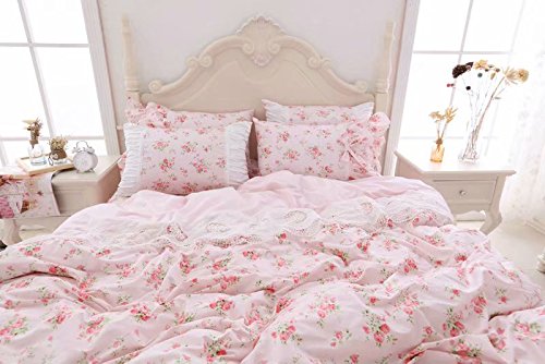 Romantic Roses Print Duvet Cover Set with Bed Skirt Pink Lace Ruffle Floral Shabby Chic Bedding Sets 4 Piece