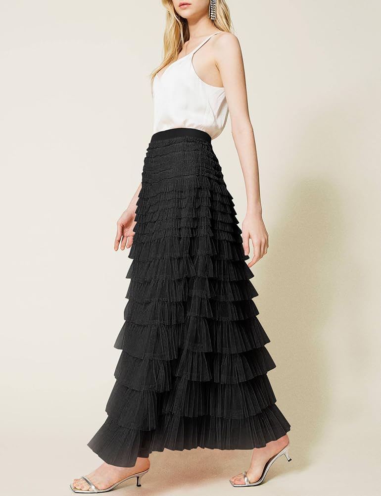 Long Tulle Skirt for Women Trendy High Waisted A Line Fluffy Fairy Mesh Layered Ruffle Skirt