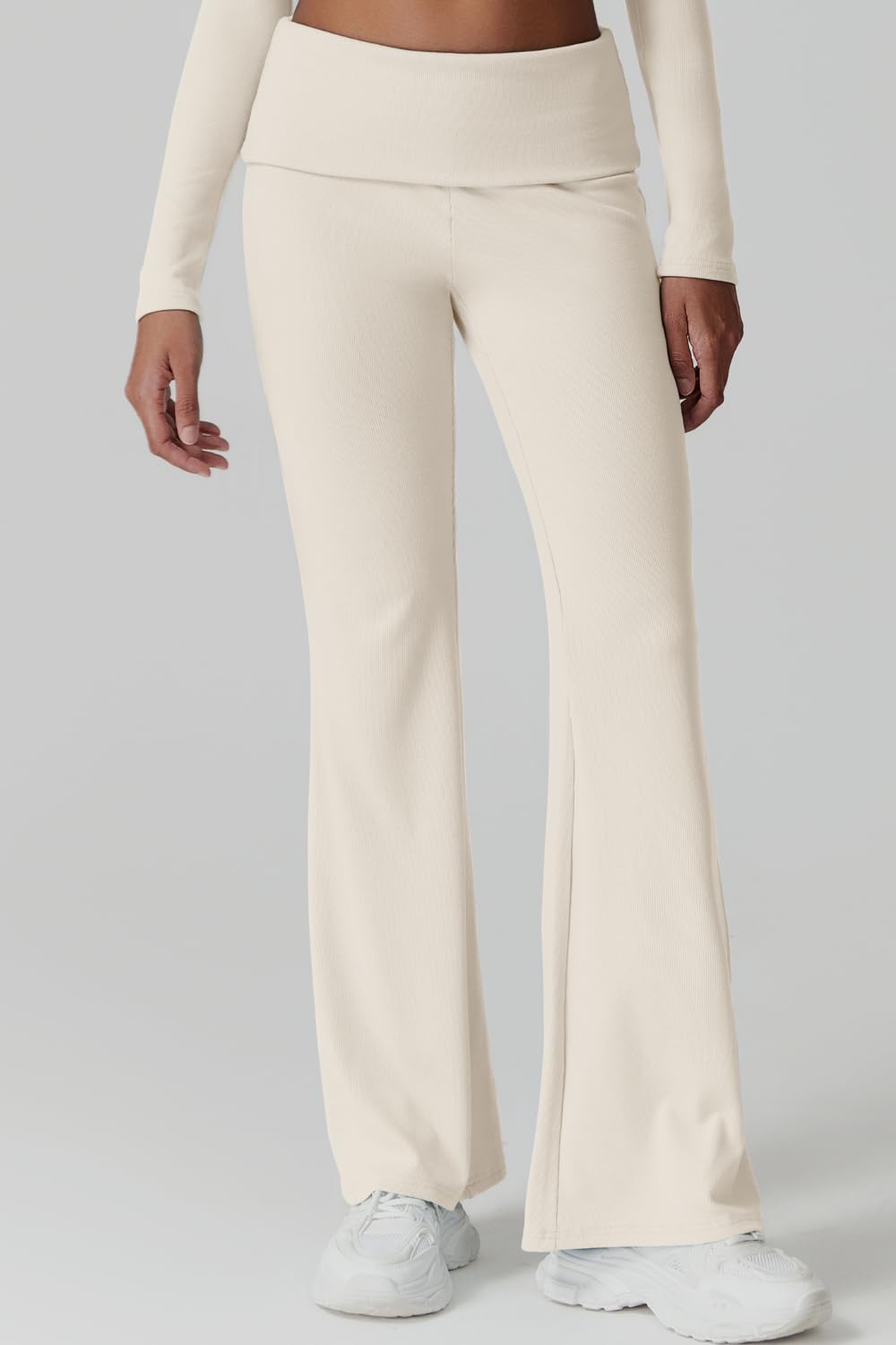 Womens 2 Piece Lounge Sets Mock Neck Long Sleeve Tops with Side Ruched Fold Over Flare Pants Comfy Tracksuits