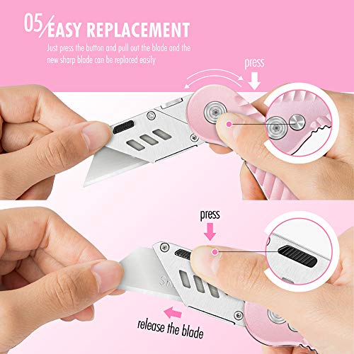 Folding Utility Knife, Cute Metal Box Cutter with Extra 5 Sharp Blades, Quick Blade Change, and Preminium Gift Packaging, for Cardboard Opener, Paper Cutter