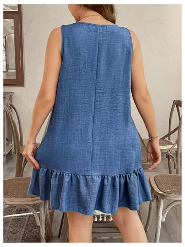 Women's Plus Size 3D Floral Round Neck Short Dress Ruffle Hem Sleeveless Tank Short Dress