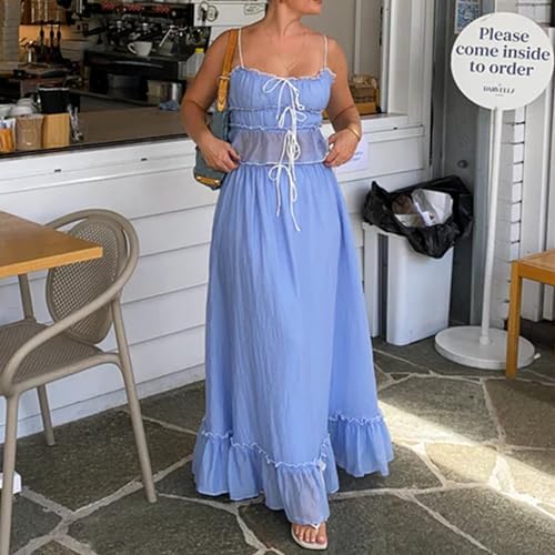 Women 2 Piece Outfits Y2k Sleeveless Lace Trim Cami Tops and Ruffle Ruched Maxi Skirt Matching Set