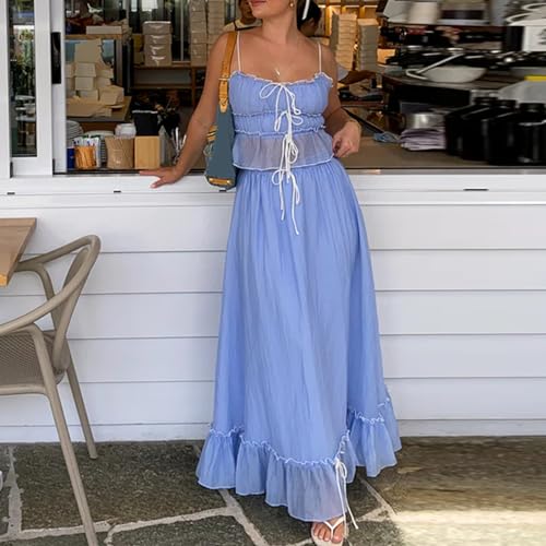 Women 2 Piece Outfits Y2k Sleeveless Lace Trim Cami Tops and Ruffle Ruched Maxi Skirt Matching Set