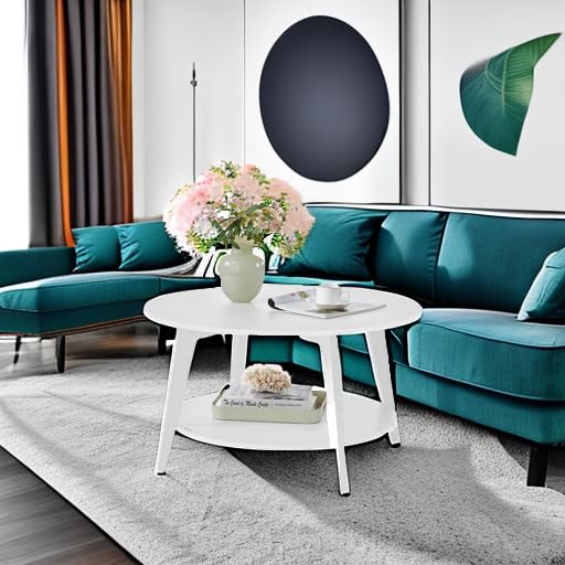 Round Coffee Table, 2 Tier Coffee Table with Storage, for Living Room, 31.5 x 17.7 Inches, Easy to Assemble