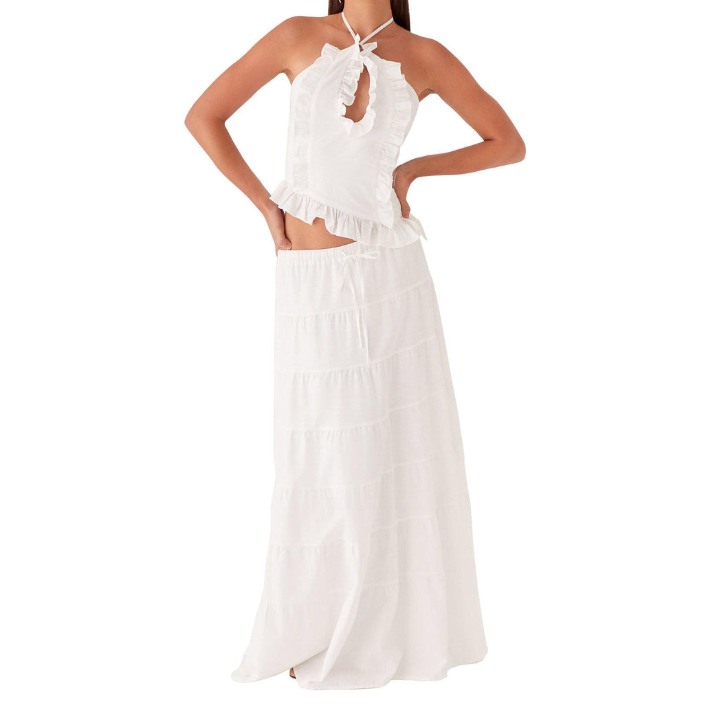 Womens 2 Piece Maxi Skirt Set Y2k Halter Ruched Cami Top Tiered Flowy Ruffle Skirt Outfit