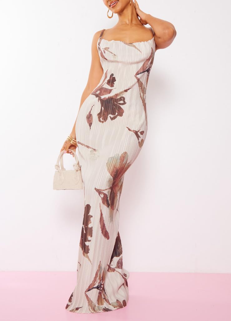 Women's Cowl Neck Dress Sexy Strap Shoulder Pleated Maxi Dress