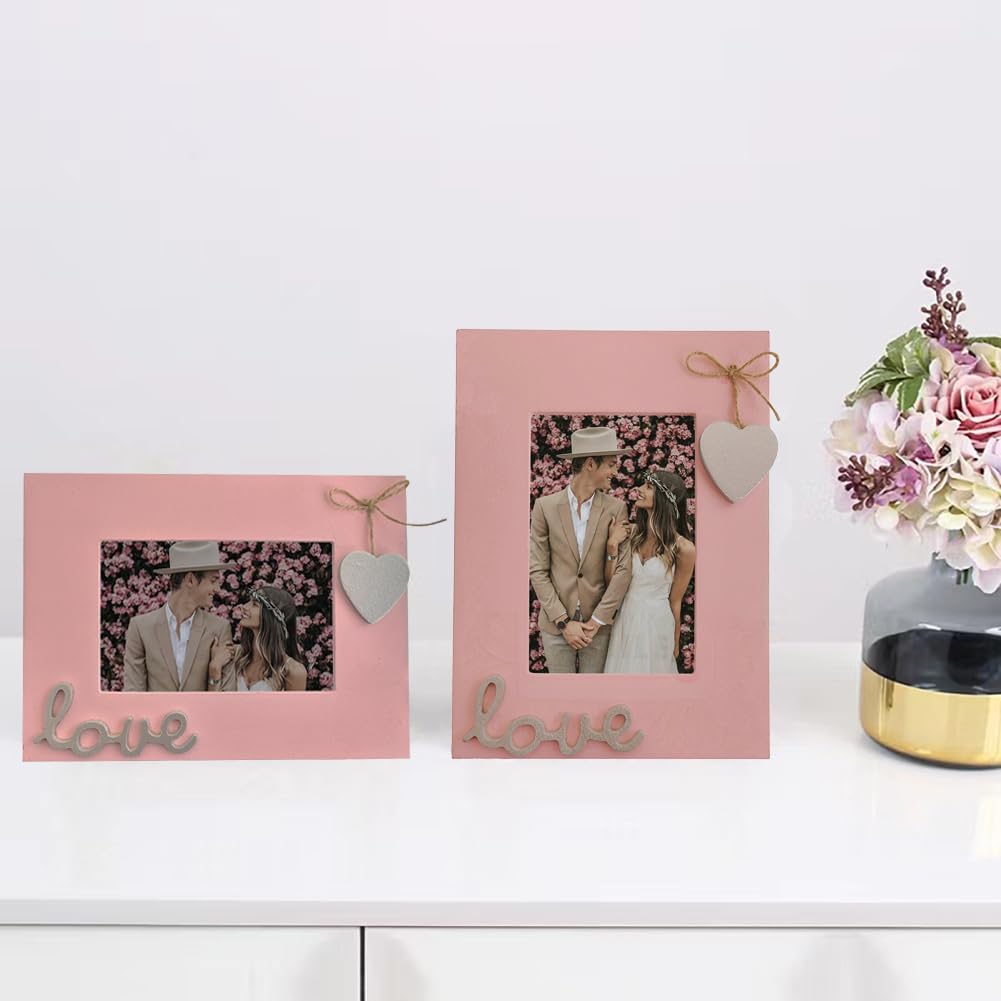 Love Picture Frame with Heart for Table Top and Wall Mounting-Distressed Wooden Photo Frame HD Glass Inside