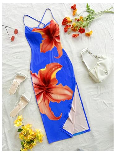 Women's Floral Print Split Thigh Bodycon Dress Criss Cross Skinny Long Cami Dresses