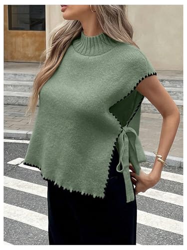 Women's Bow Tie Side Mock Neck Sweater Vest Coquette Split Sleeveless Knit Tops