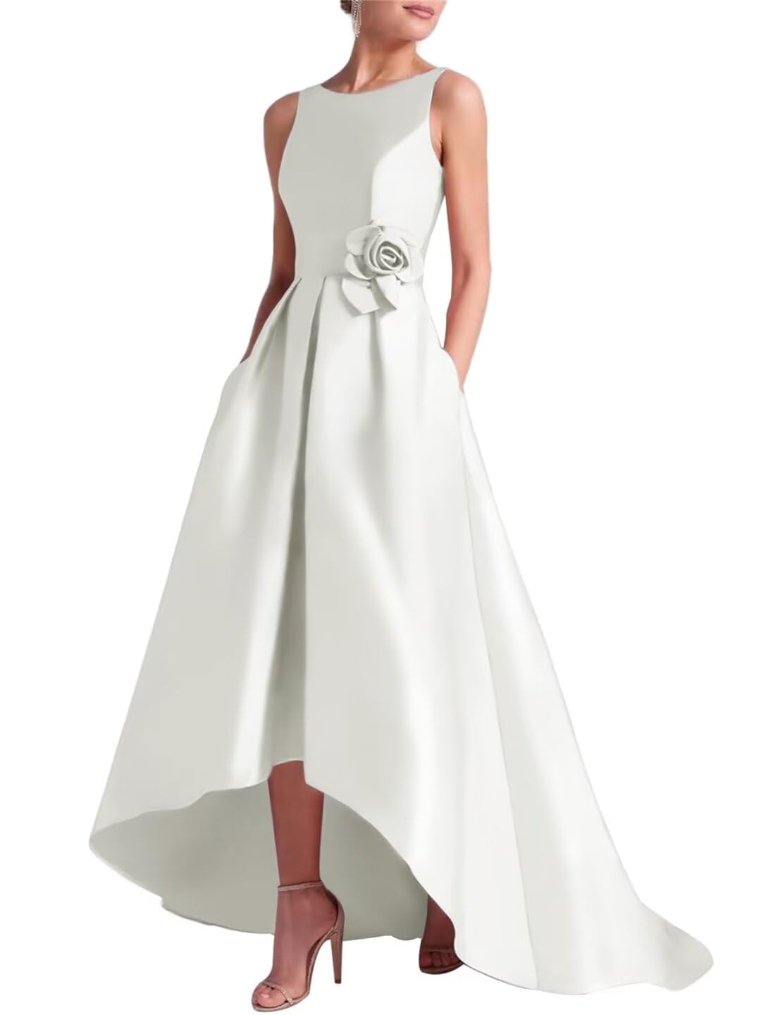 Women's 3D Flower Satin Mother of The Bride Dresses Hi-Low Formal Evening Party Gown