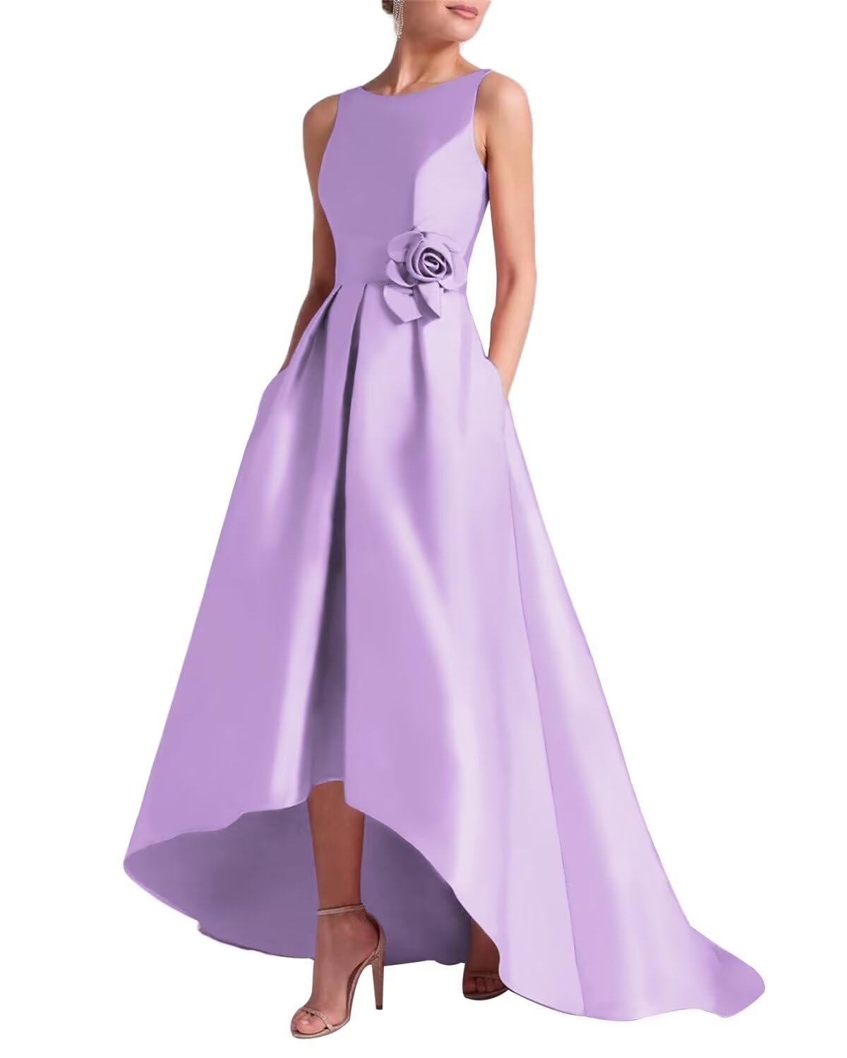 Women's 3D Flower Satin Mother of The Bride Dresses Hi-Low Formal Evening Party Gown