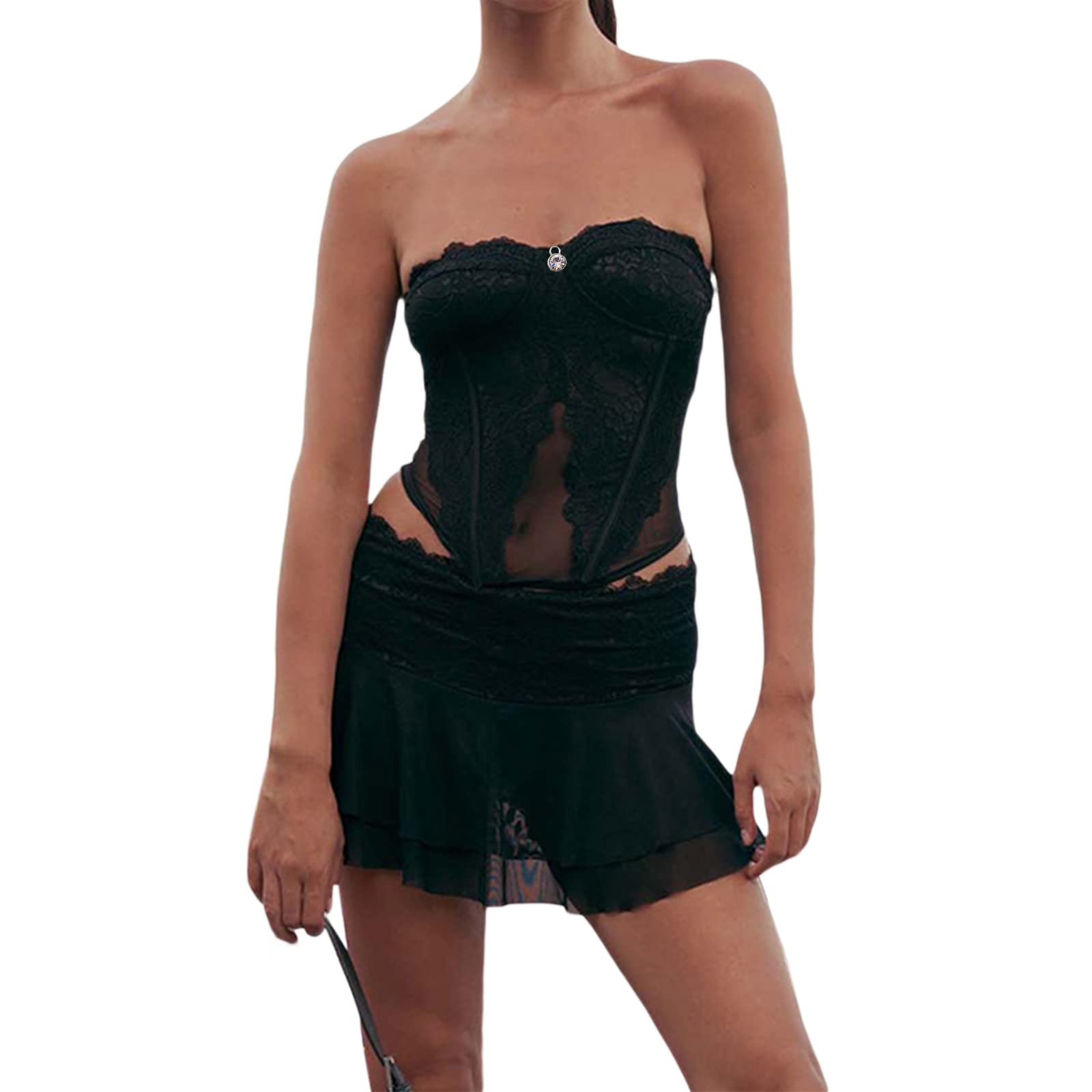 Women Y2k Ruffle 2 Piece Skirt Set Sexy Lace Mesh Crop Top and Mini Skirt Set Outfits