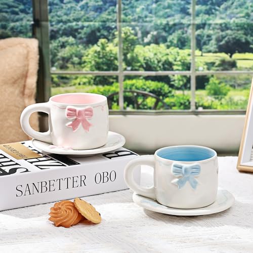 Elegant Bowknot Tea Cup and Saucer Set, Ceramic Tea Mug Set with Butterfly Bow Design, Perfect for Afternoon Tea or Home Décor