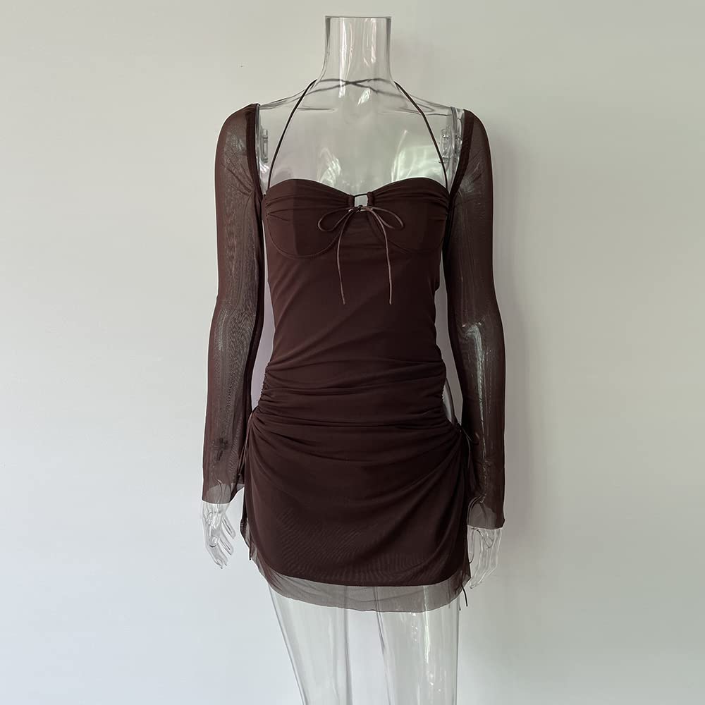 Women Long Puff Sleeve Mini Bodycon Split Hem Mesh Dress Party Dress