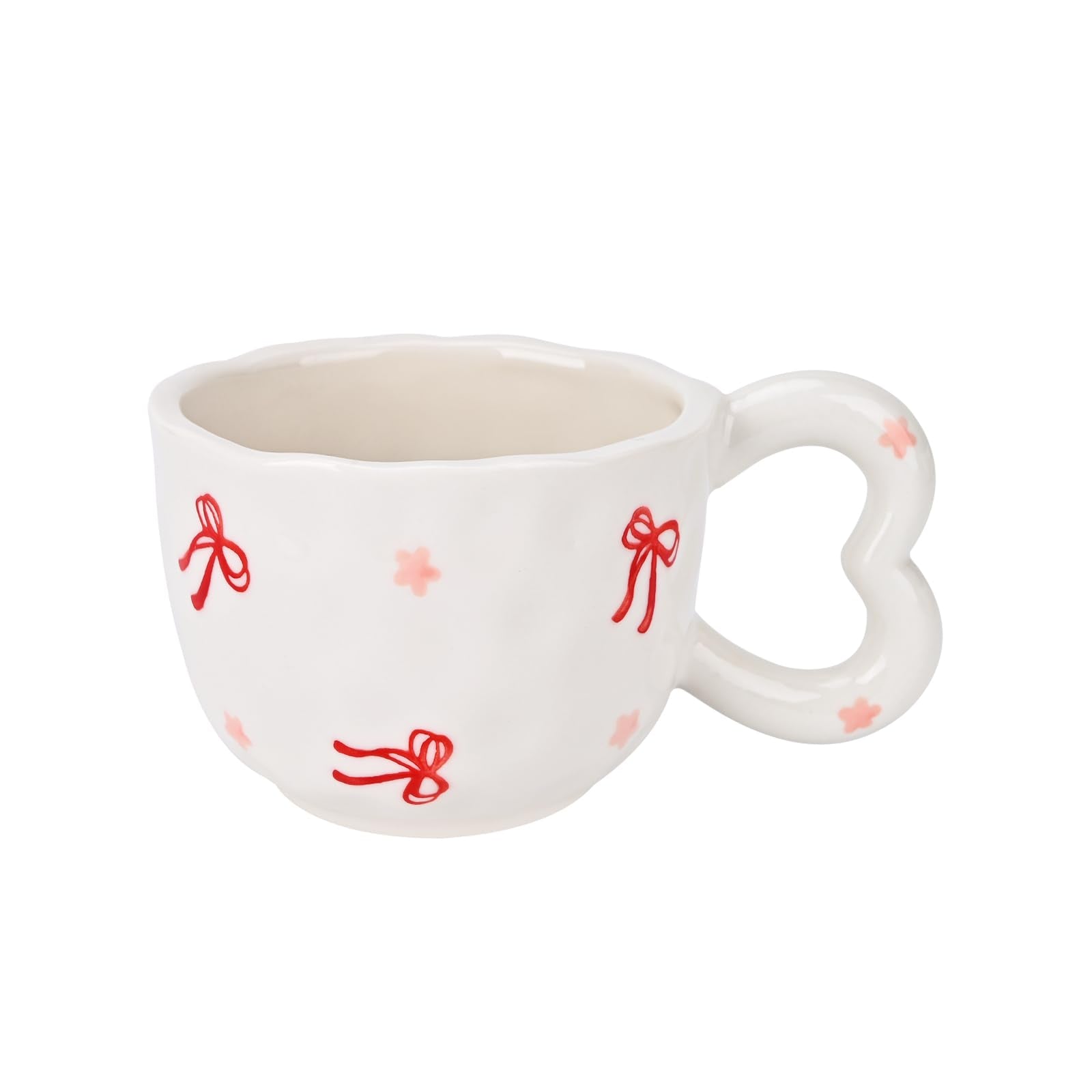 Ribbon Bow Ceramic Mug, Cute Creative Heart Handle Mug Design, 10.5 oz/300 ml