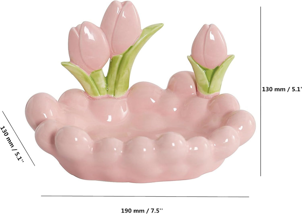 Pink Ceramic Tulip Decorative Jewelry Tray Jewelry Storage for Rings Earrings Necklaces Bracelet Watch Keys