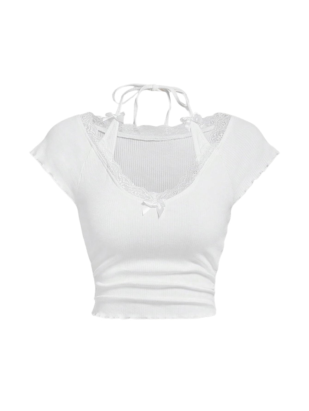Women's Contrast Lace Halter Neck Lettuce Trim Casual Crop Tee Tops