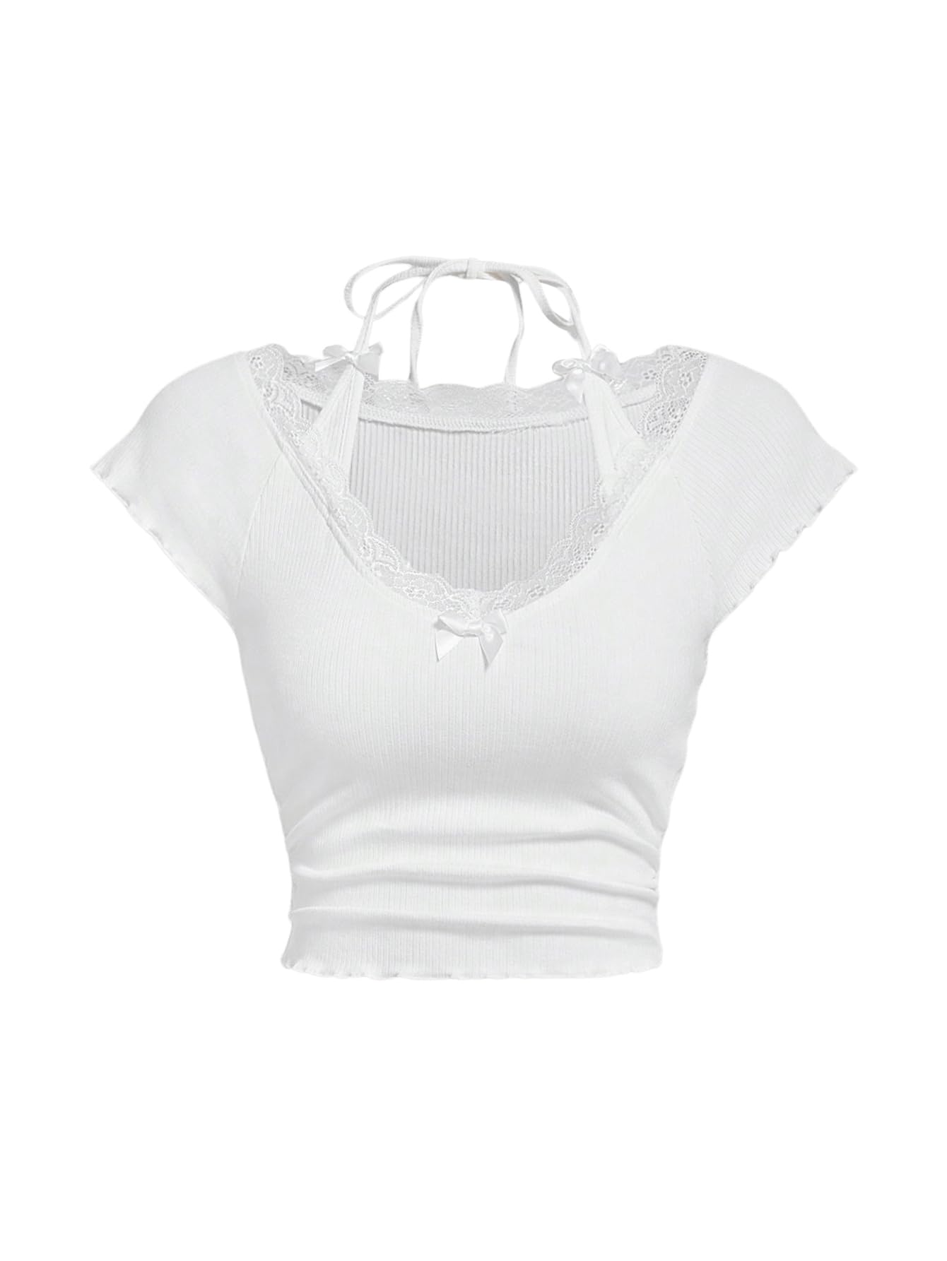 Women's Contrast Lace Halter Neck Lettuce Trim Casual Crop Tee Tops