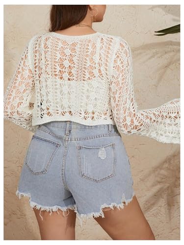 Women's Plus Size V Neck Long Flounce Sleeve Tie Front Knit Crop Cardigan