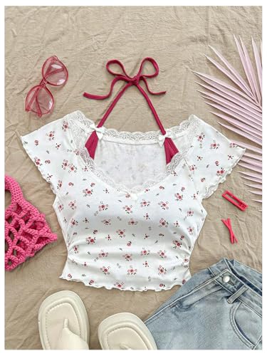 Women's Contrast Lace Halter Neck Lettuce Trim Casual Crop Tee Tops