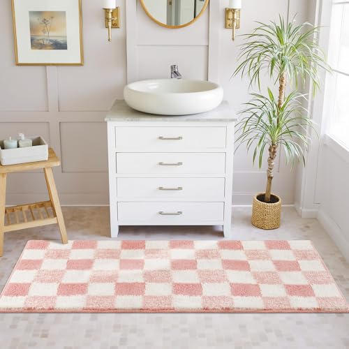 Checkered Bathroom Rugs, Fluffy Rug, Absorbent Microfiber Ultra Soft Bath Mat Washable, Non-Slip Bath Mats for Bathroom, Cute Floor Mat