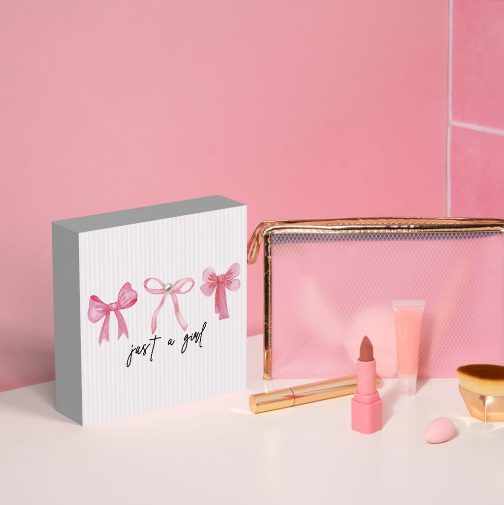 Pink Bow Coquette Room Decor - Wooden Box Sign Desk Decor