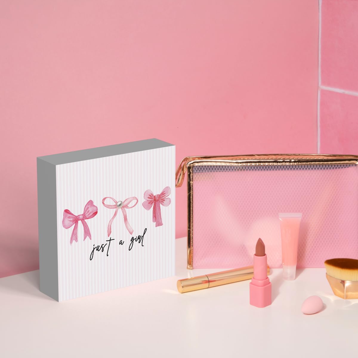 Pink Bow Coquette Room Decor - Wooden Box Sign Desk Decor