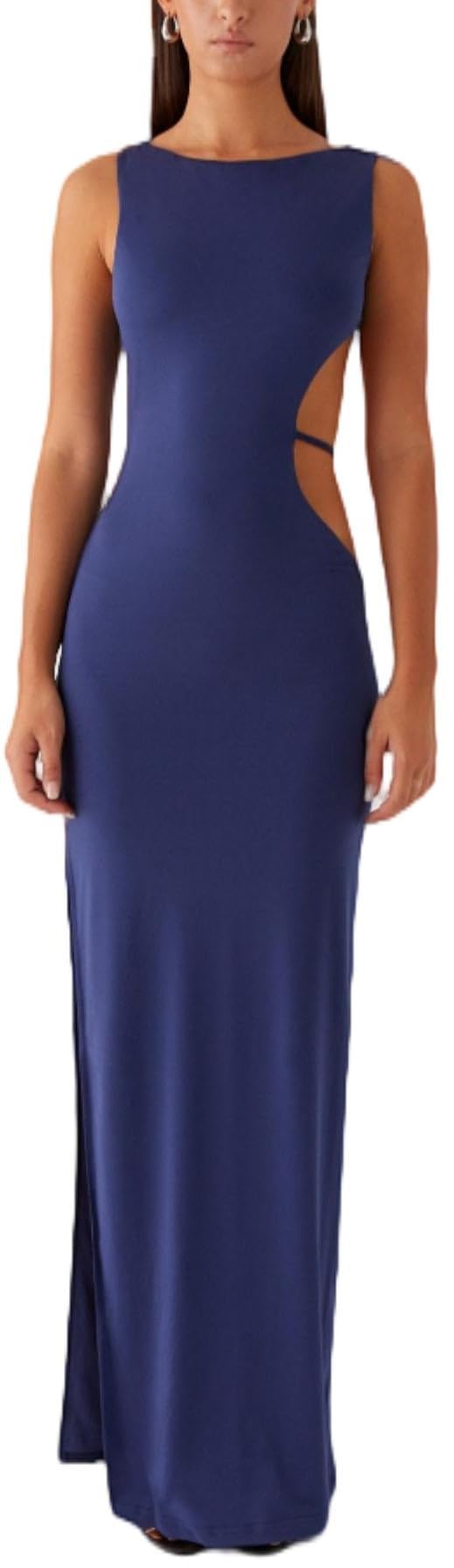 Sexy Cut Out Maxi Dress for Women Spaghetti Strap Backless Bodycon Dress Y2k Hollow Sleeveless Long Dress