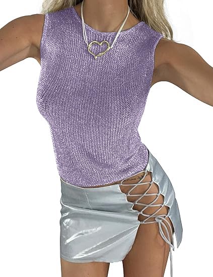 Women Sexy Fishnet Knit Glittering Crop Tank Top Sheer Mesh Sleeveless Crewneck Solid Slim Cropped Tops