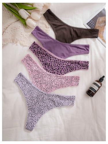 Women's 5 Pack Leopard Print Thongs Low Rise Panties Underwear Sets
