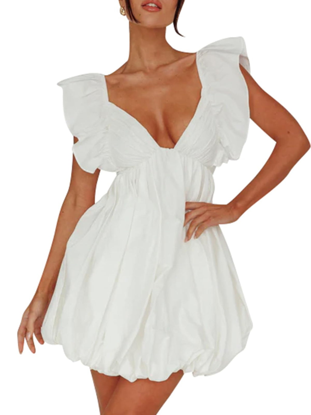 Summer Mini Deep V-Neck Babydoll Dress â€?Backless Lace-Up Sexy Bubble Dress