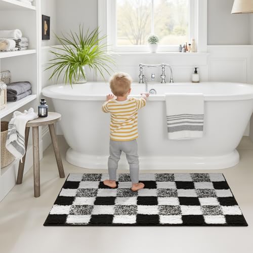 Checkered Bathroom Rugs, Fluffy Rug, Absorbent Microfiber Ultra Soft Bath Mat Washable, Non-Slip Bath Mats for Bathroom, Cute Floor Mat