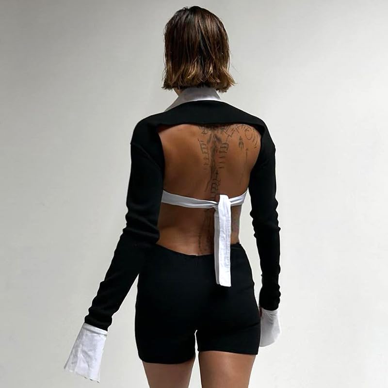 Women's Sexy Deep V Hollow Out Shirt Collar Long Sleeve Backless Strap Tight Jumpsuit Shorts
