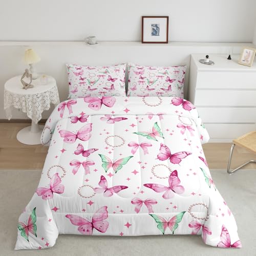 Cartoon Bowknot Comforter Set Pink Bow Tie Butterfly Knot Princess Bedding Set Floral Bow Comforter