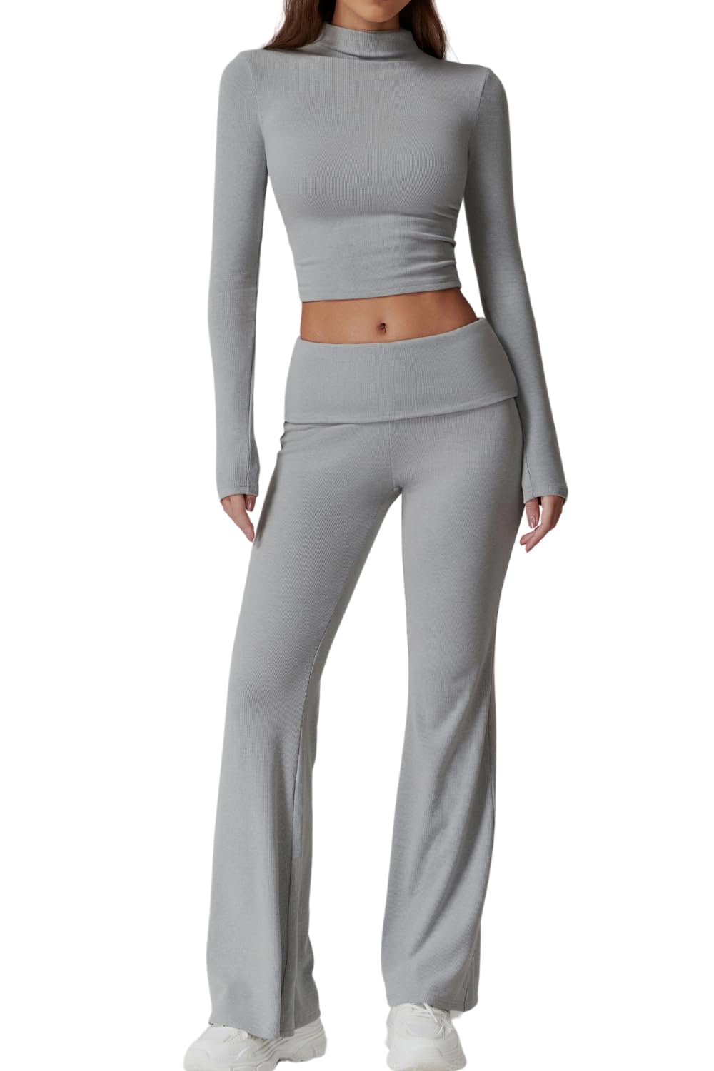 Womens 2 Piece Lounge Sets Mock Neck Long Sleeve Tops with Side Ruched Fold Over Flare Pants Comfy Tracksuits