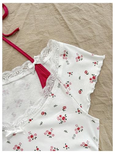 Women's Contrast Lace Halter Neck Lettuce Trim Casual Crop Tee Tops