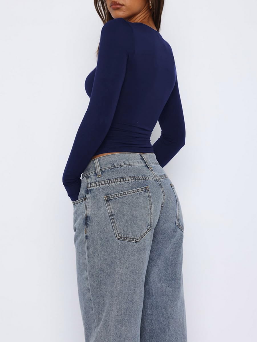 Women's Y2K Long Sleeve T Shirts Crewneck Star Pattern Crop Tops Slim Fit Tops